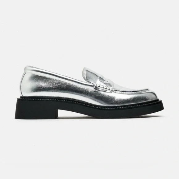 ZARA Metallic Silver Lug Sole Loafers - Picture 5 of 11